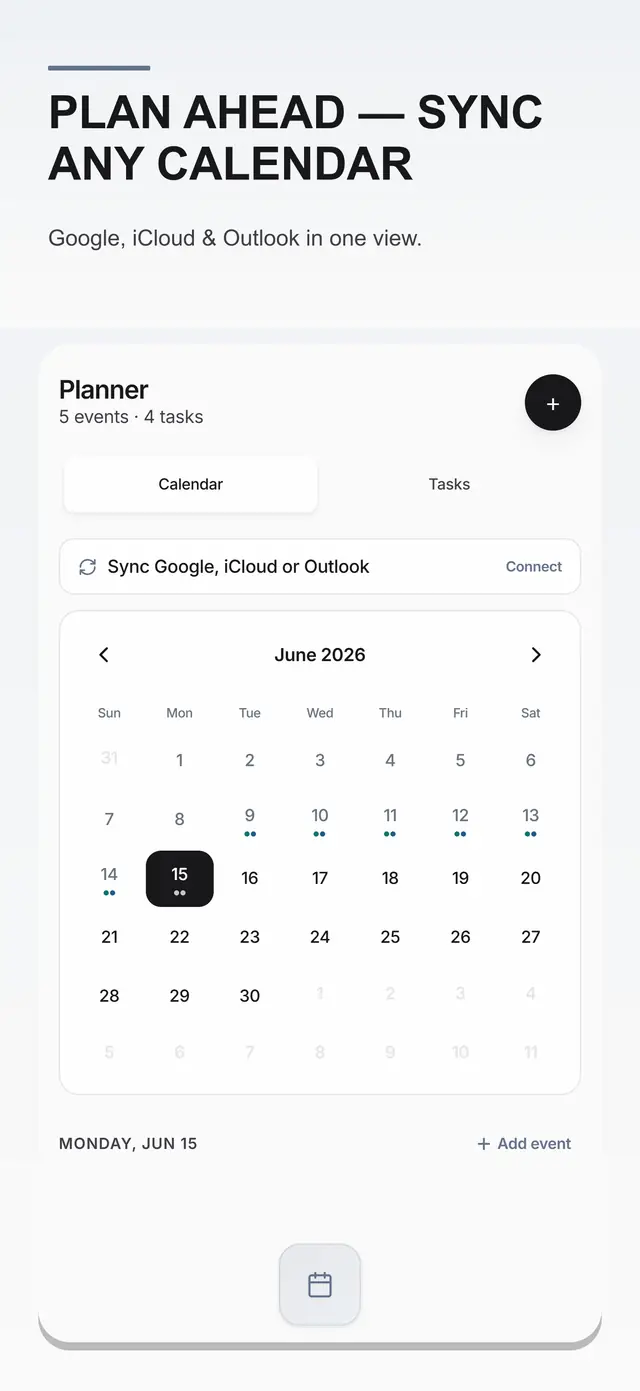 My Daily Tool Planner screen showing a month calendar and daily schedule